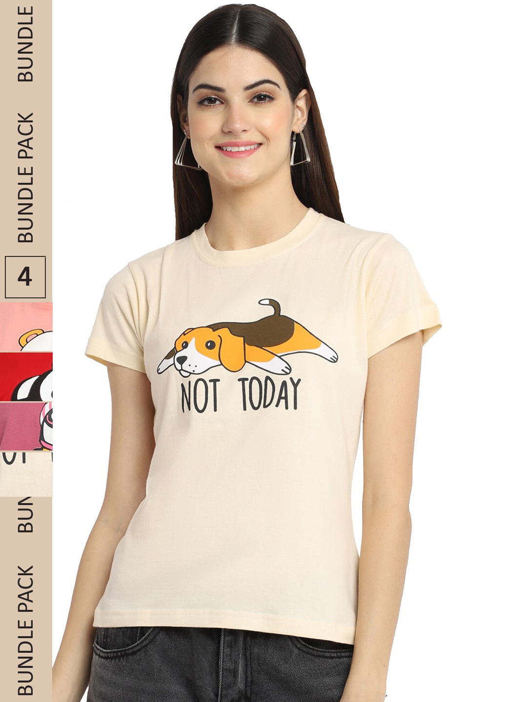 

Fabflee Pack Of 4 Typography Printed Cotton T-shirts, Cream