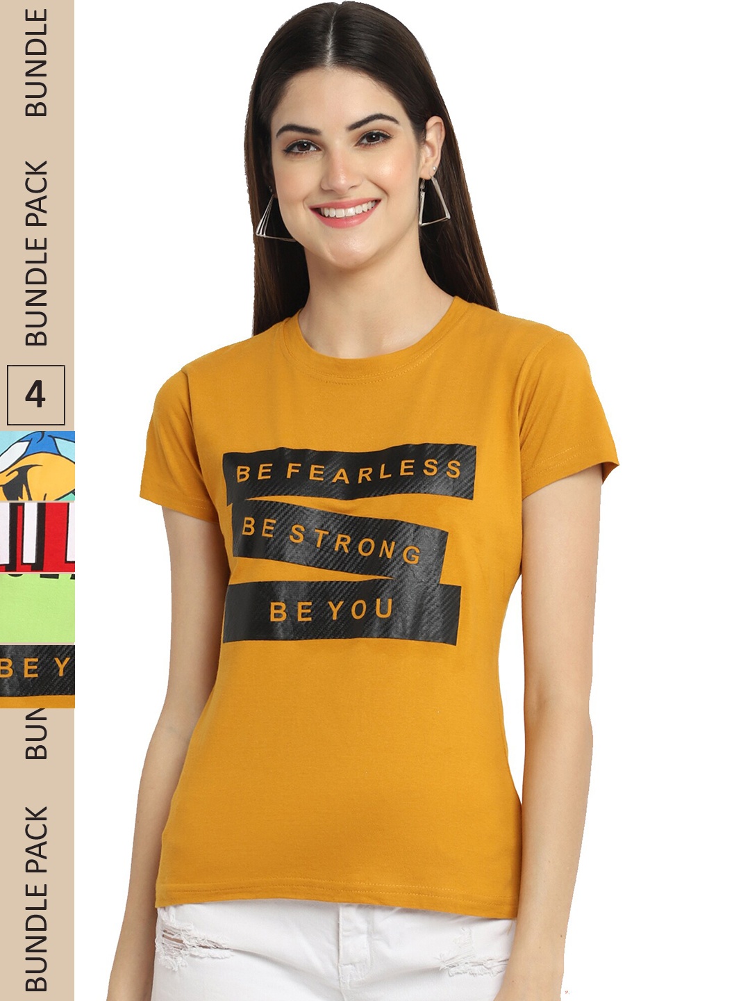 

Fabflee Pack Of 4 Printed Cotton T-shirt, Mustard