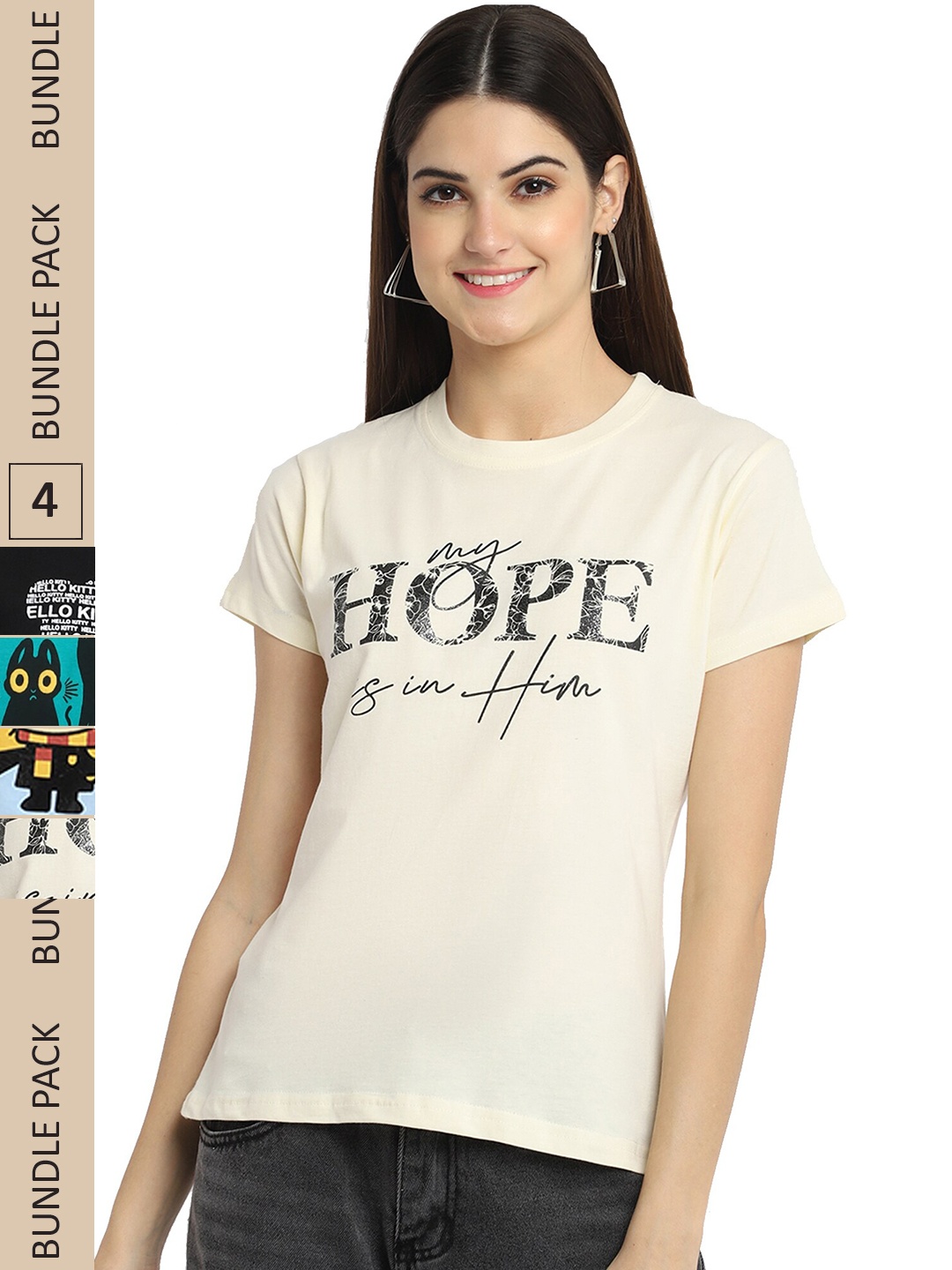 

Fabflee Pack Of 4 Graphic Printed Cotton T-shirt, Cream