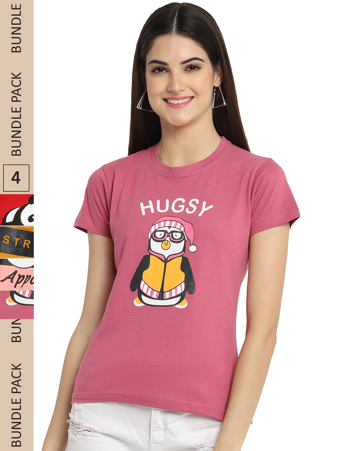 

Fabflee Pack Of 4 Graphic Printed Casual Cotton T-Shirts, Pink