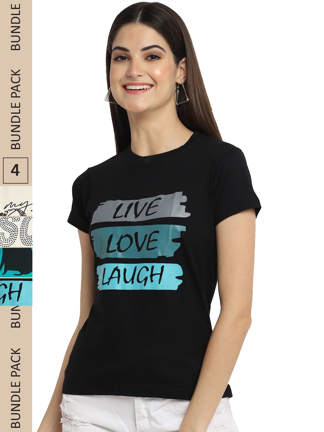 

Fabflee Pack Of 4 Typography Printed Cotton T-shirts, Black