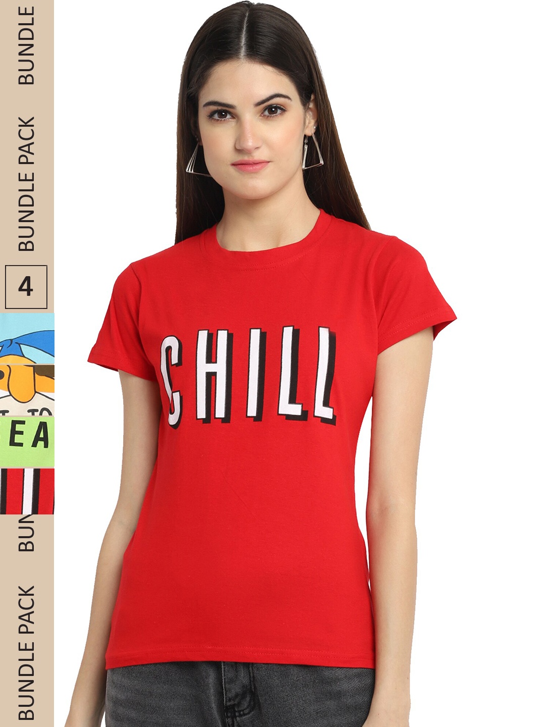 

Fabflee Pack Of 4 Typography Printed Cotton T-shirt, Red