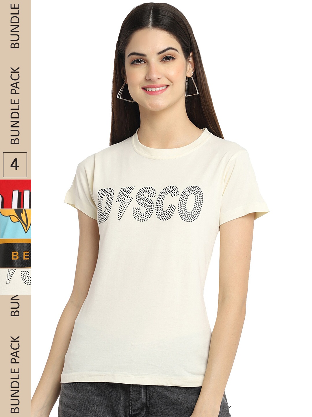 

Fabflee Pack Of 4 Printed Cotton T-shirt, Off white