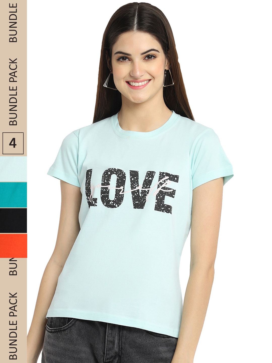 

Fabflee Pack Of 4 Typography Printed Cotton T-shirt, Blue