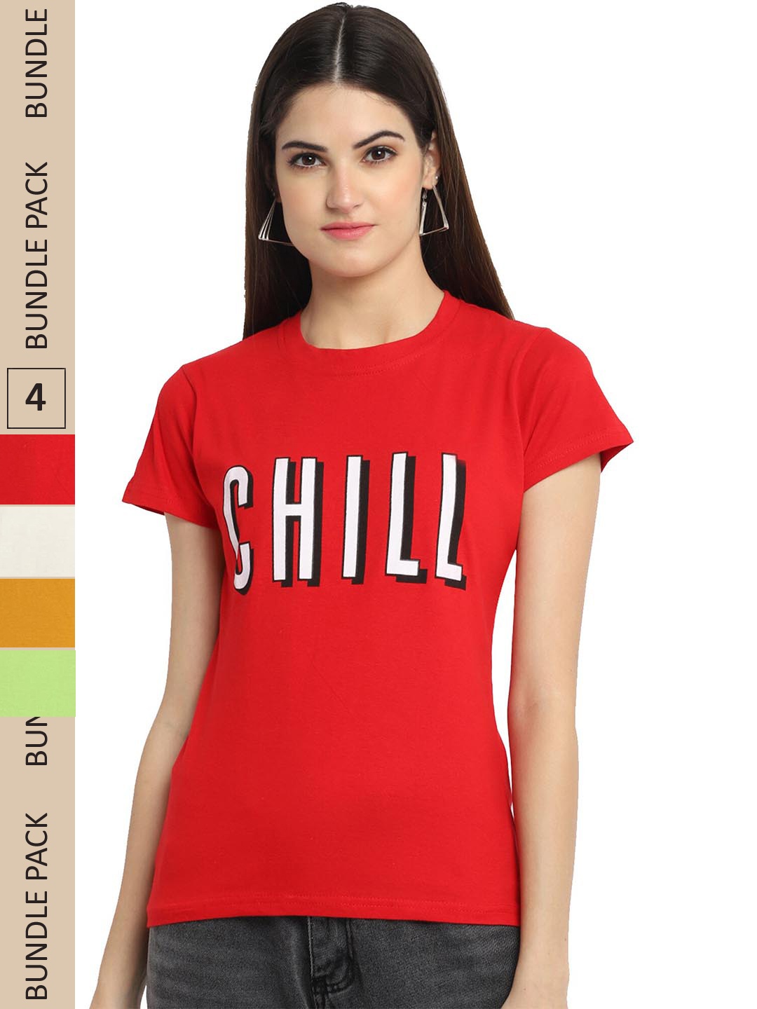 

Fabflee Pack of 4 Typography Printed Round Neck Cotton T-shirt, Red