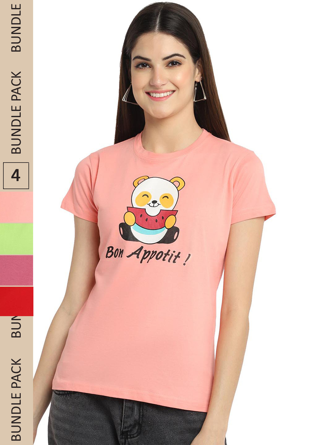 

Fabflee Pack Of 4 Printed Cotton T-shirt, Pink