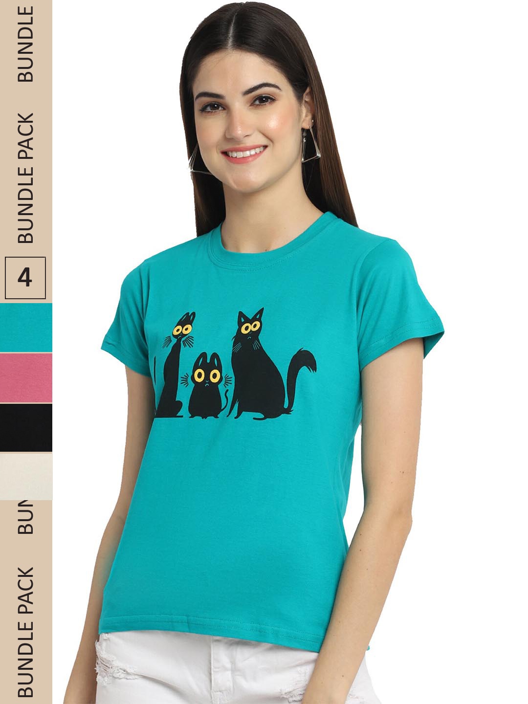 

Fabflee Pack Of 4 Graphic Printed Cotton T-shirt, Teal