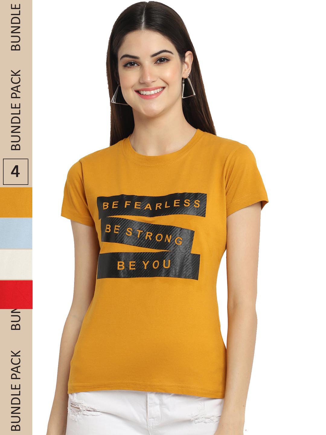 

Fabflee Pack Of 4 Typography Printed Cotton T-shirt, Mustard