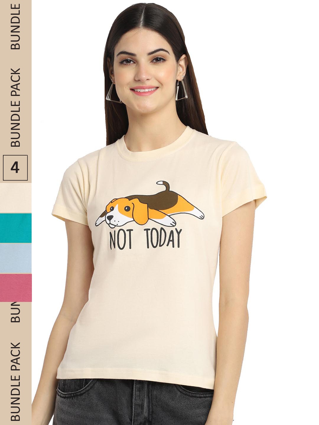 

Fabflee Pack Of 4 Graphic Printed Cotton T-shirt, Cream