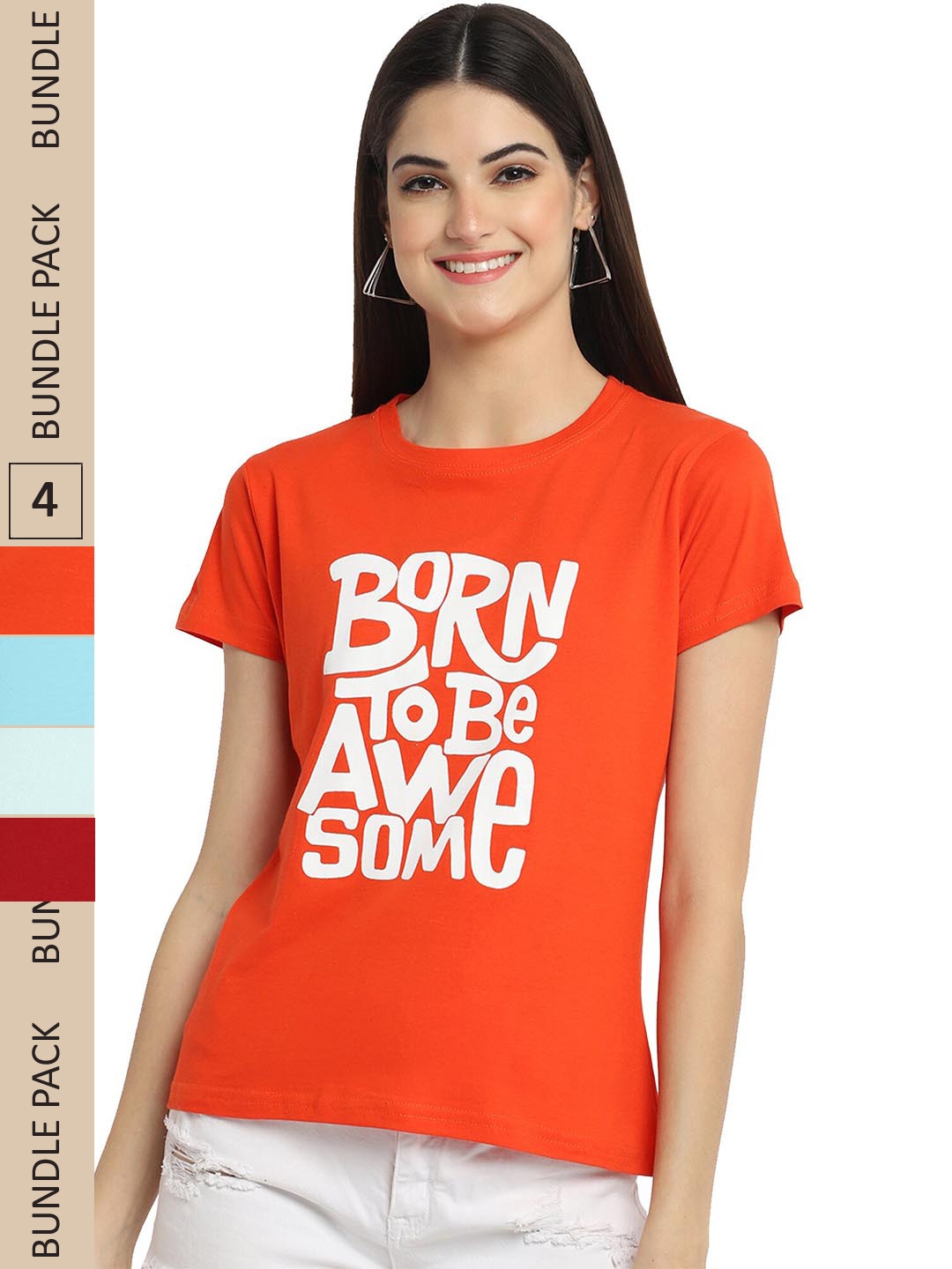 Fabflee Pack Of 4 Typography Printed Cotton T-shirt, Orange