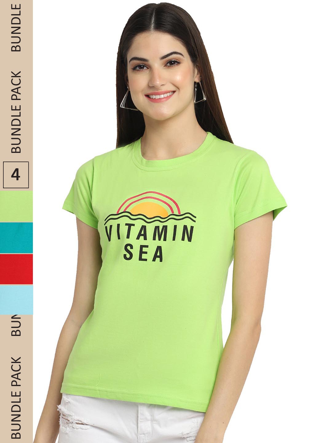 Fabflee Pack Of 4 Typography Printed Cotton T-shirt, Green