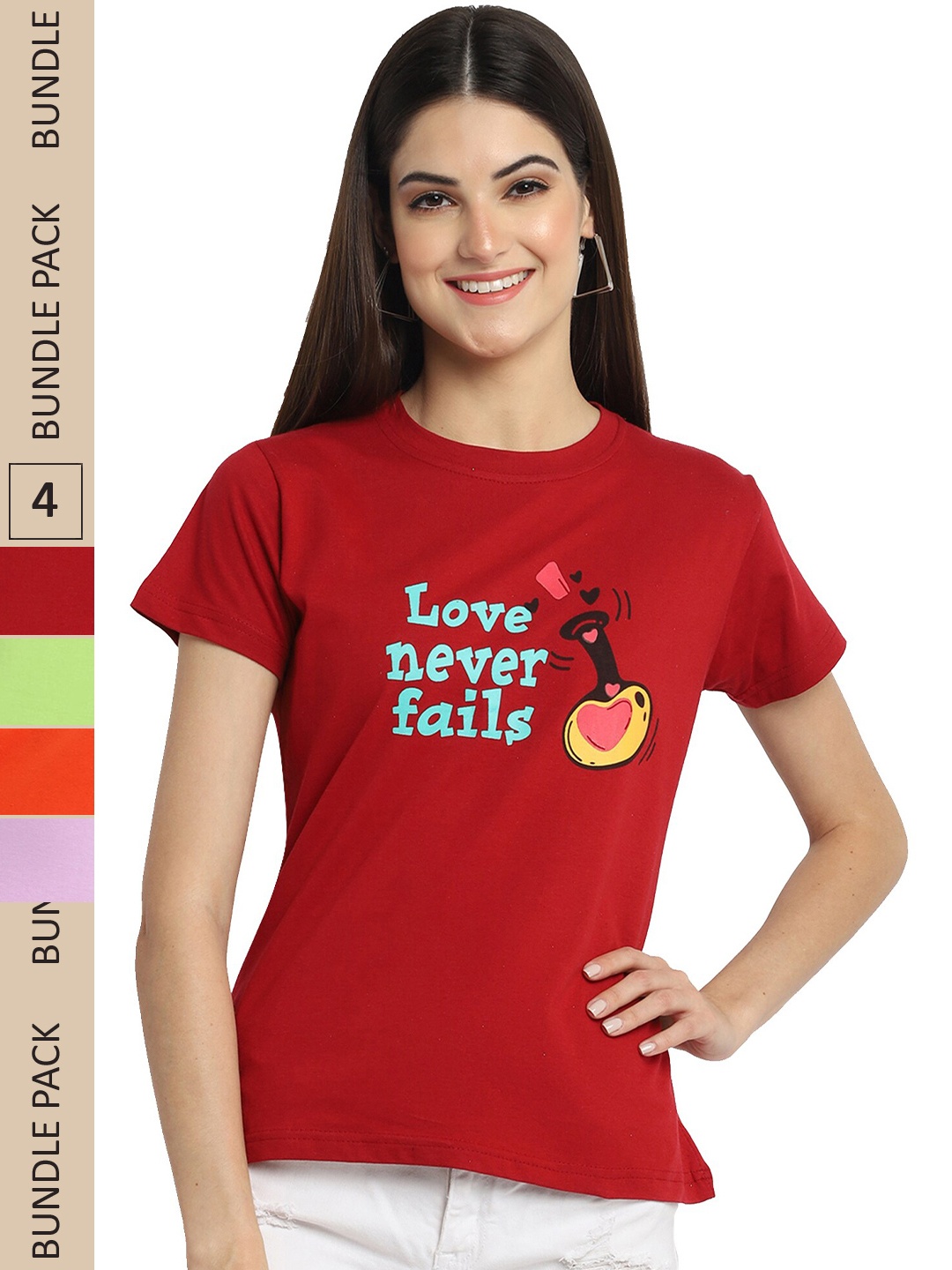 Fabflee Pack Of 4 Typography Printed Cotton T-shirt, Red