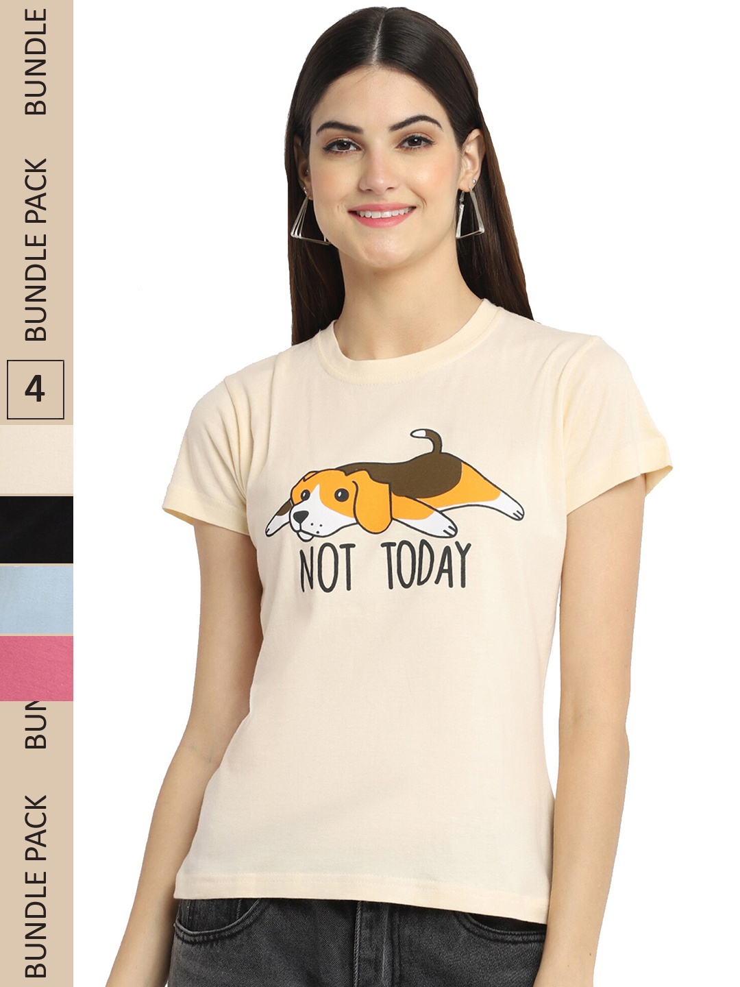 

Fabflee Pack Of 4 Graphic Printed Cotton T-shirt, Beige