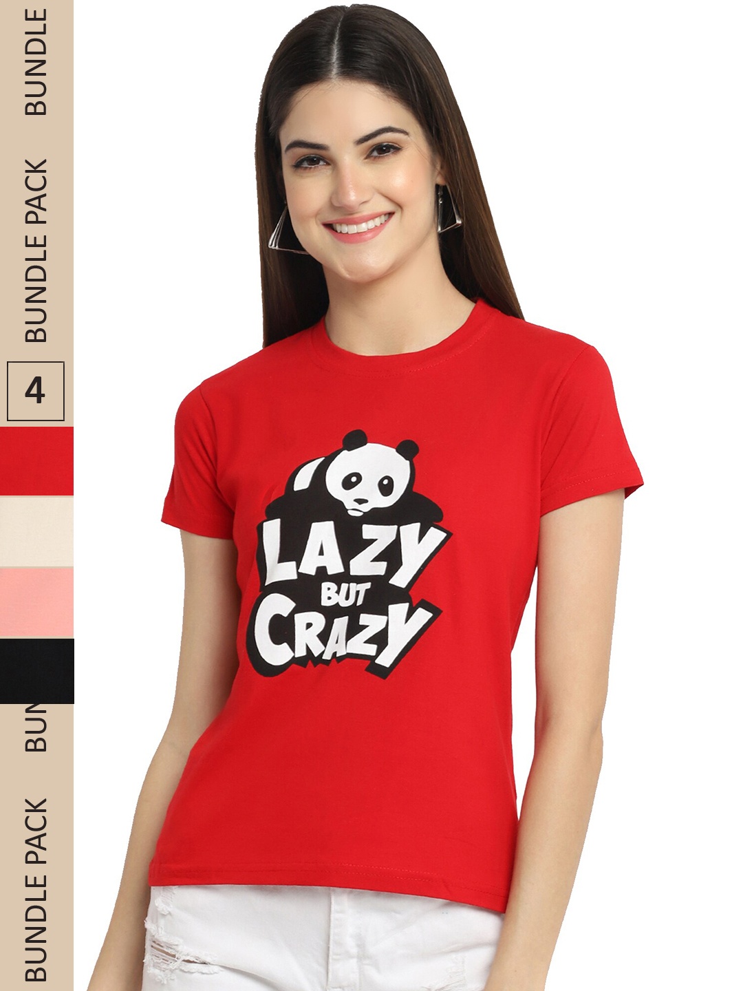 

Fabflee Pack of 4 Typography Printed Round Neck Cotton T-shirt, Red