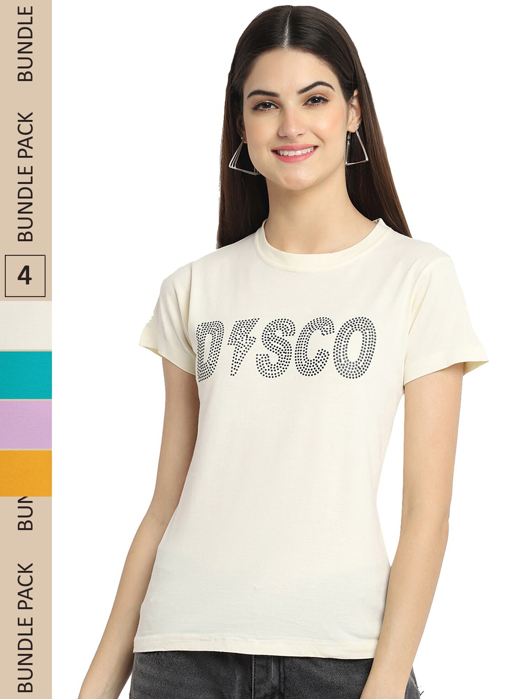 

Fabflee Pack Of 4 Typography Printed Cotton T-Shirts, Beige