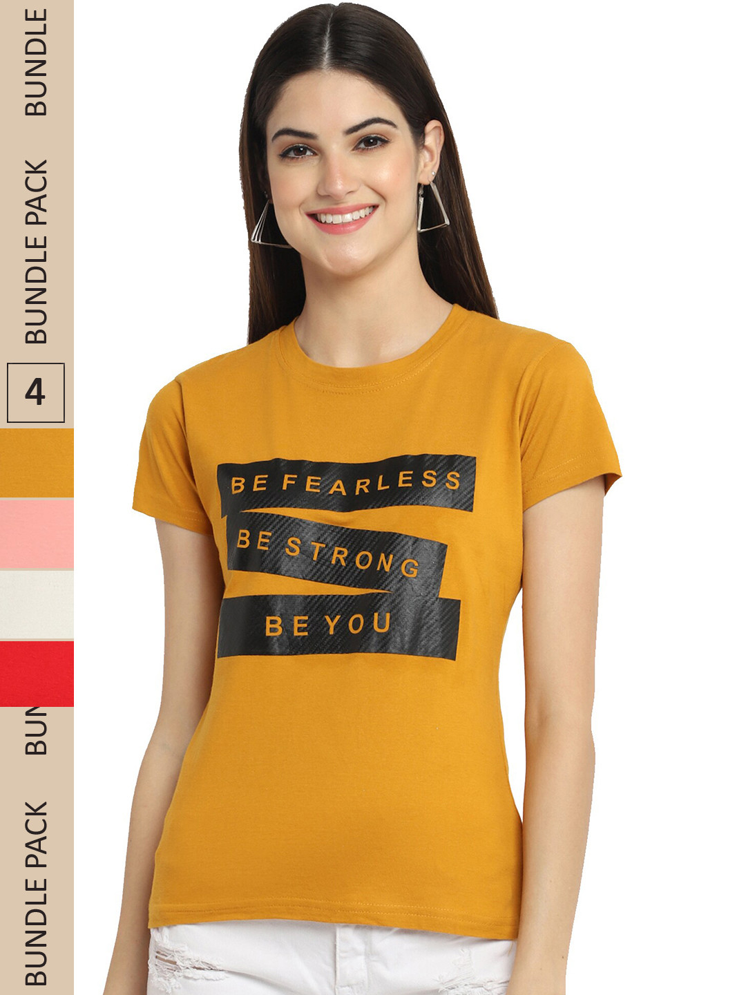 

Fabflee Pack Of 4 Printed Cotton T-shirt, Mustard