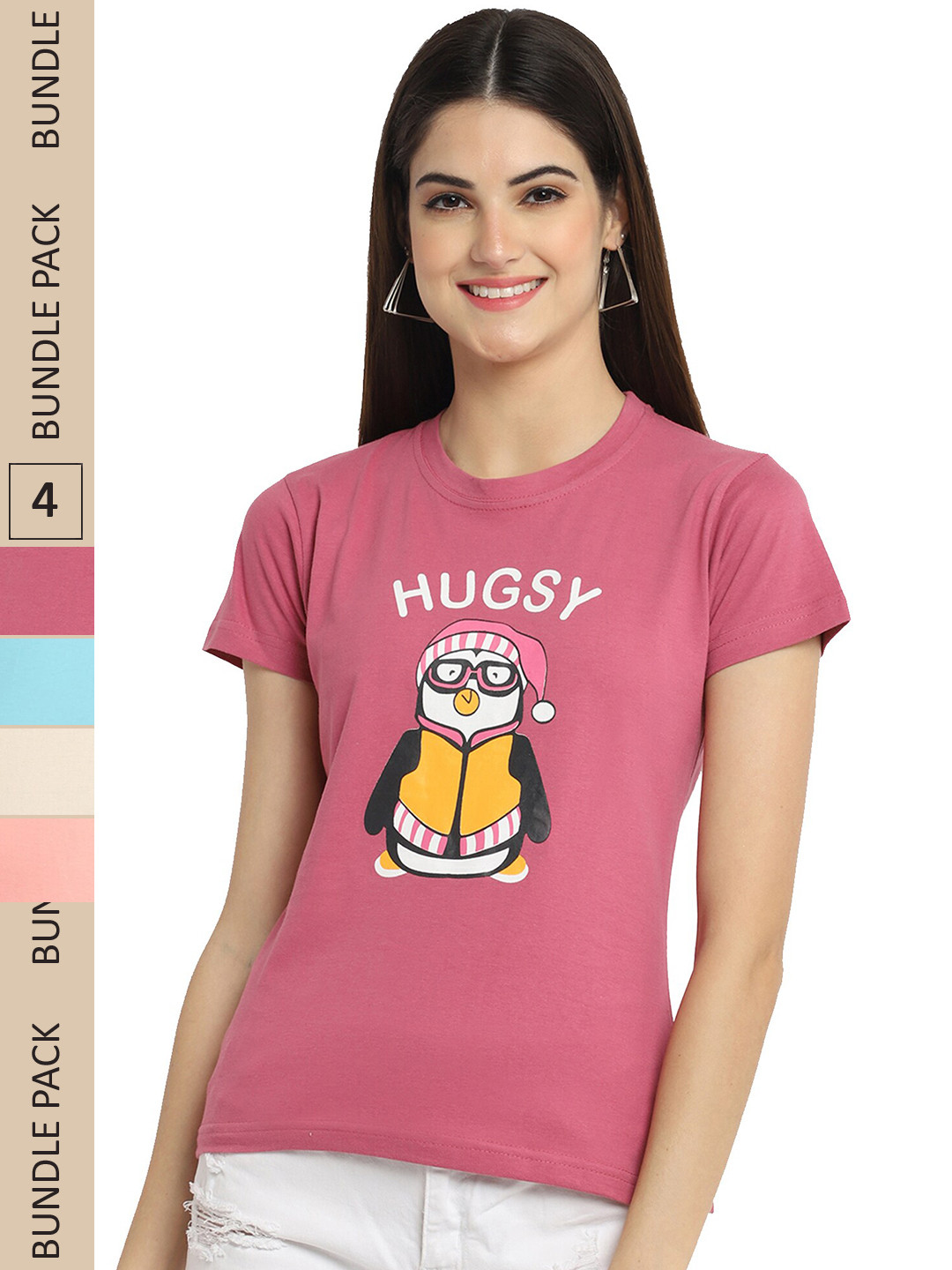 

Fabflee Pack Of 4 Printed Cotton T-shirt, Pink