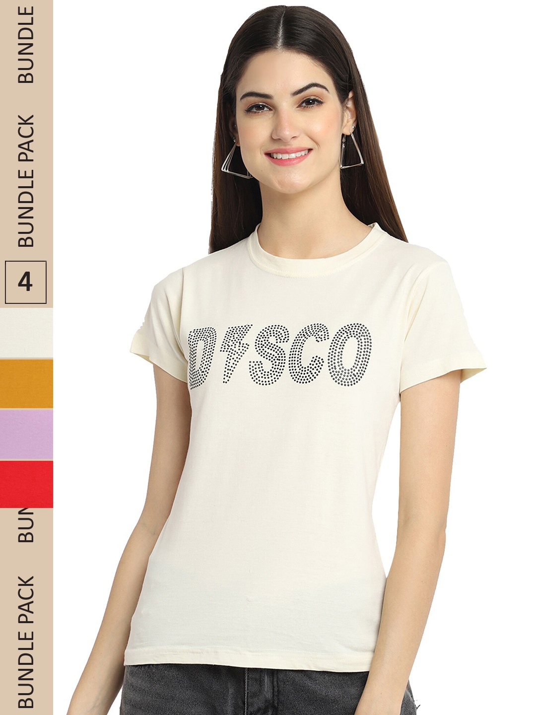 

Fabflee Pack Of 4 Typography Printed Cotton T-shirts, Off white