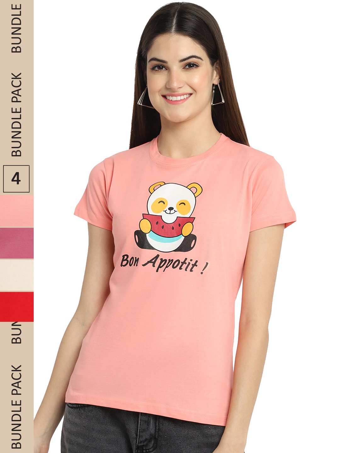 

Fabflee Pack Of 4 Humour And Comic Printed Cotton T-shirt, Peach