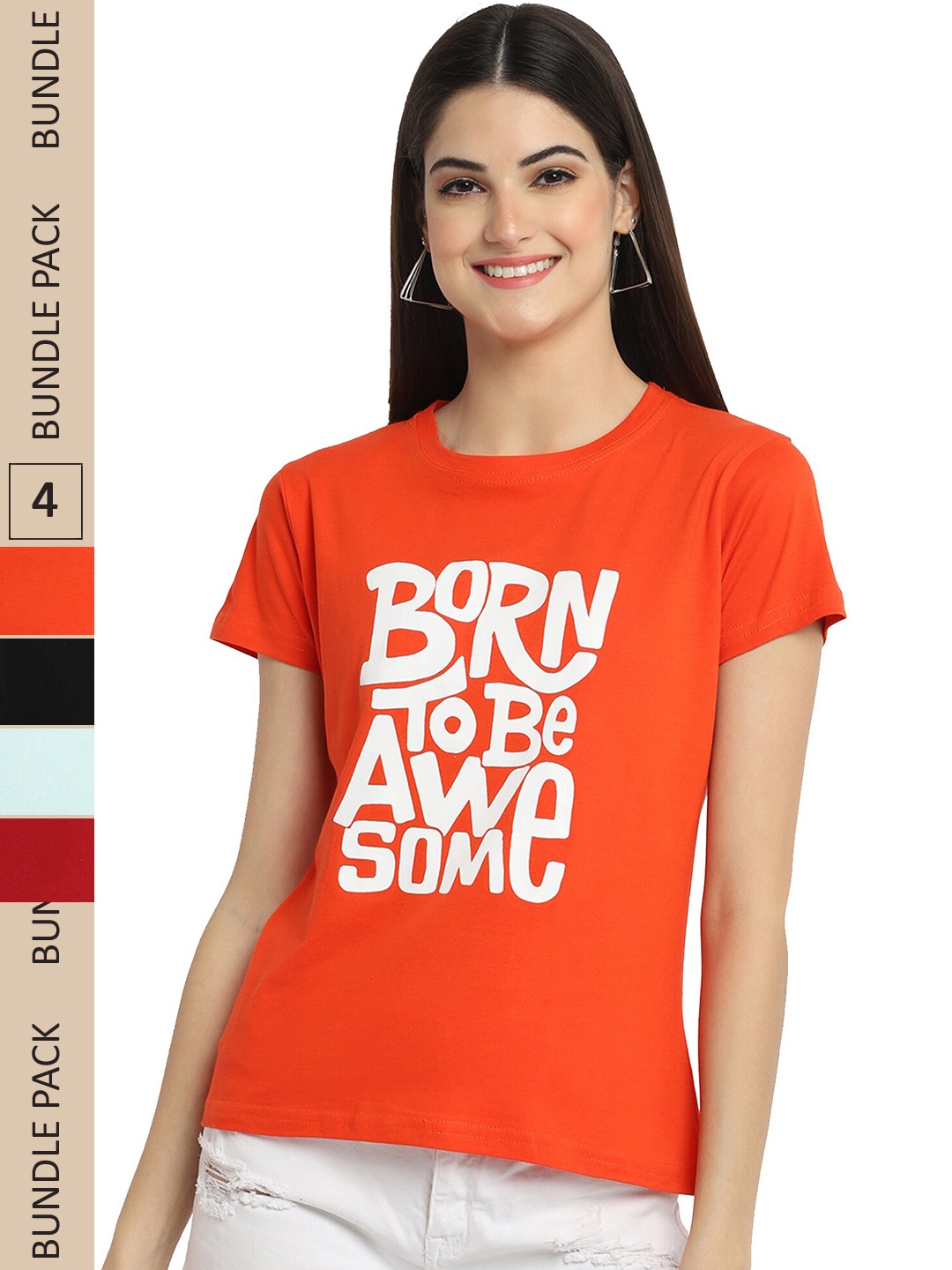 

Fabflee Pack Of 4 Typography Printed Cotton T-shirts, Orange