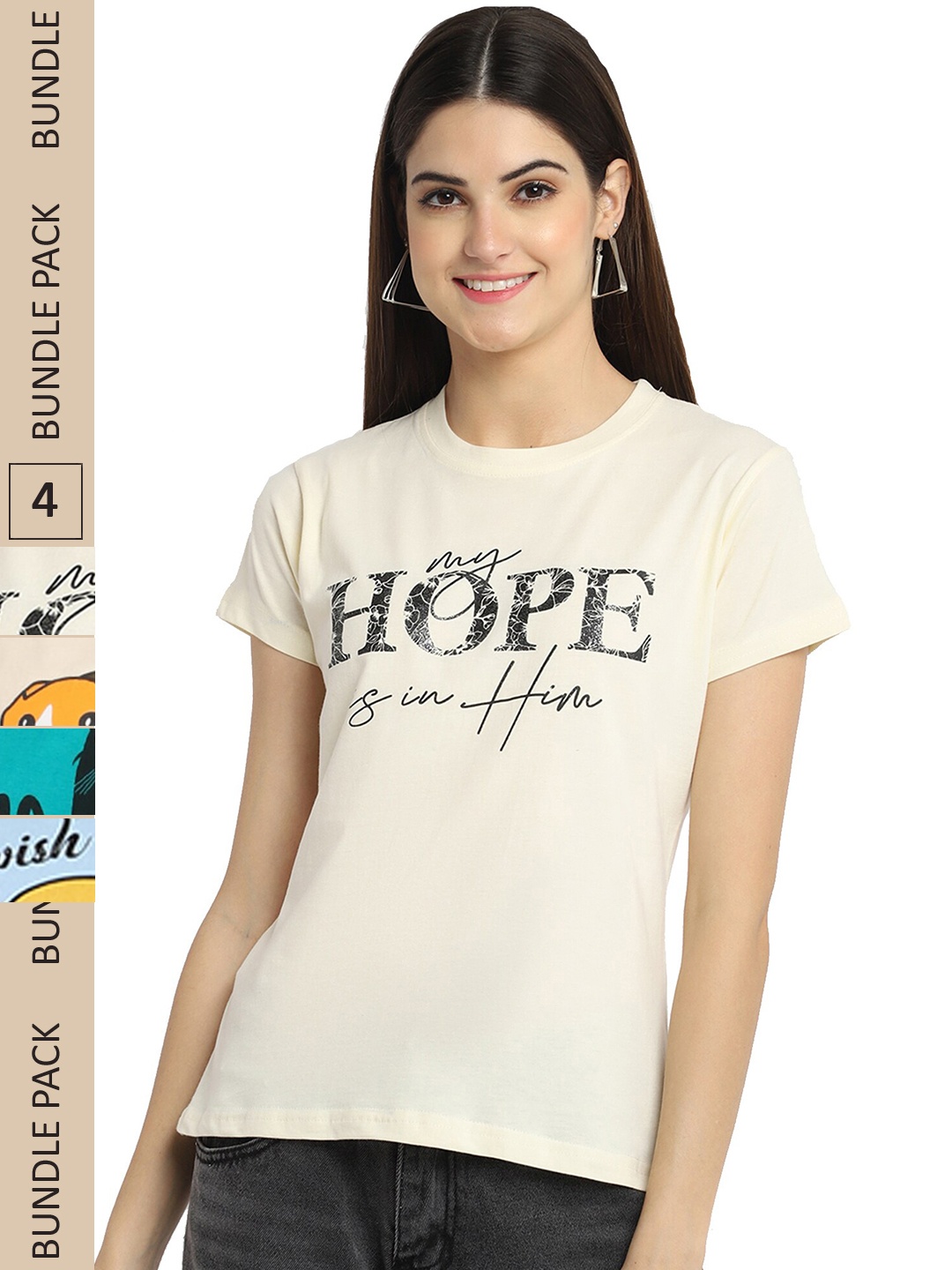 

Fabflee Pack of 4 Graphic Printed Round Neck Cotton T-shirt, Cream