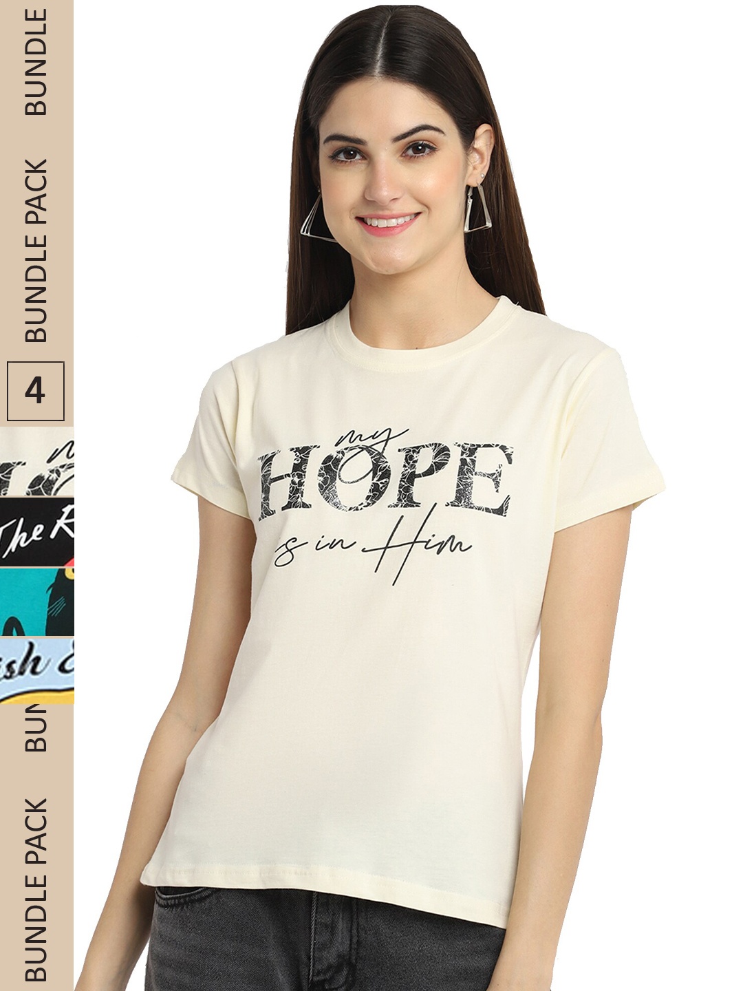 

Fabflee Pack Of 4 Printed Cotton T-shirt, Off white