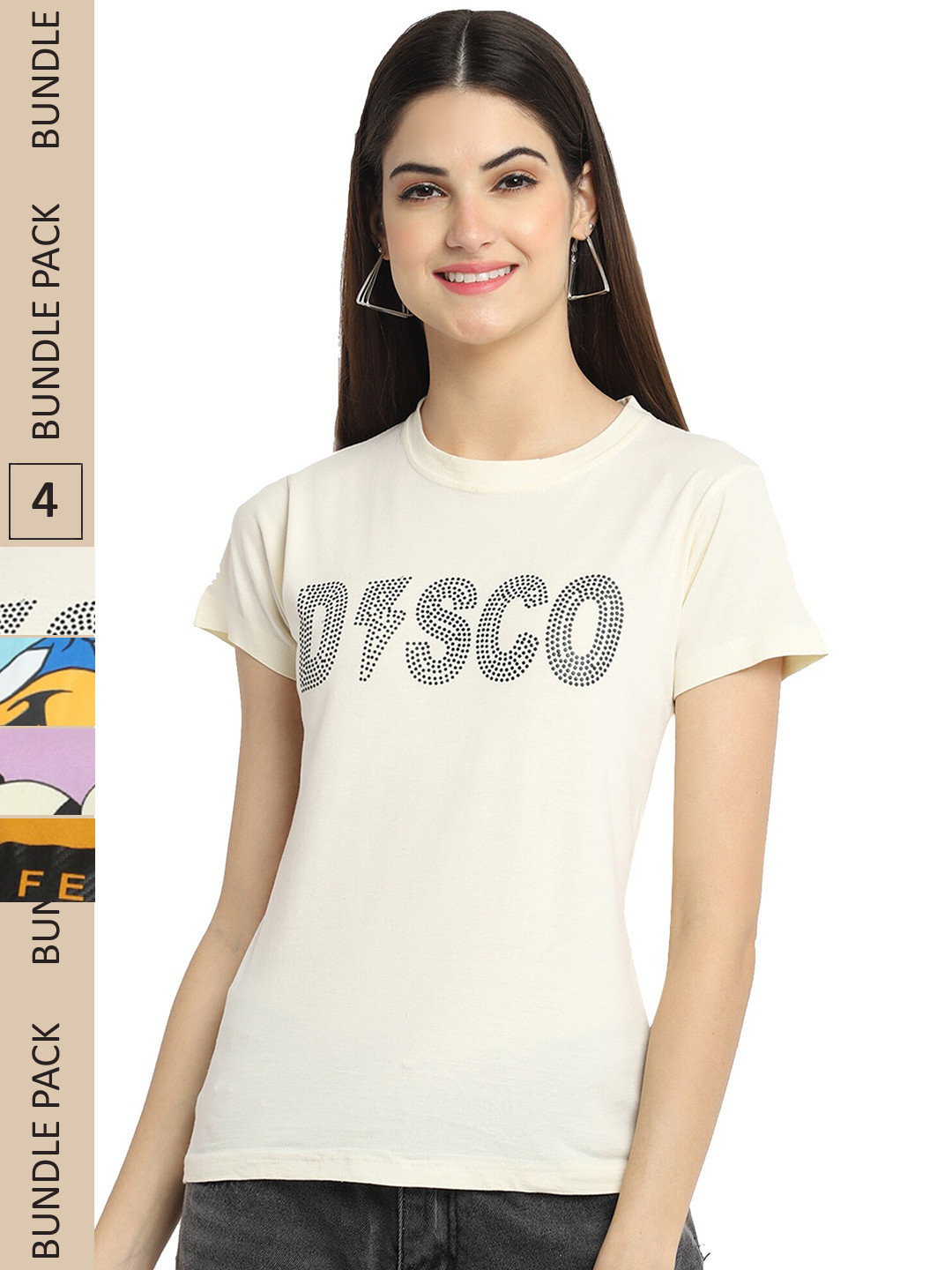 

Fabflee Pack Of 4 Printed Cotton T-shirts, Off white