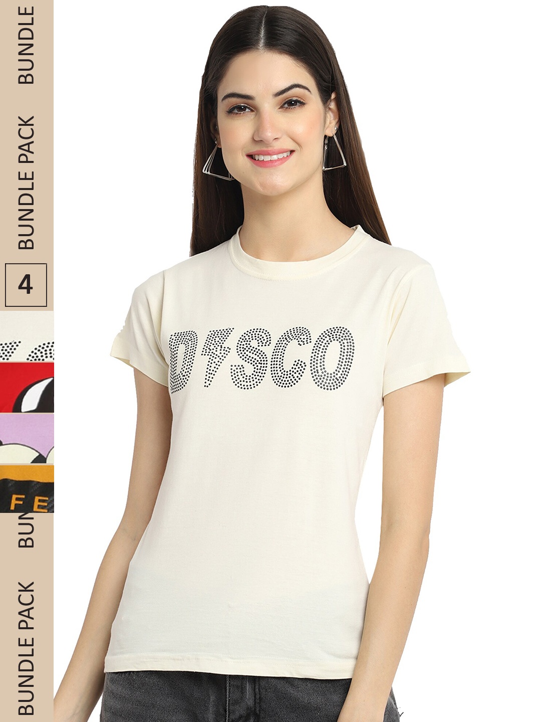 

Fabflee Pack Of 4 Printed Cotton T-shirt, Off white