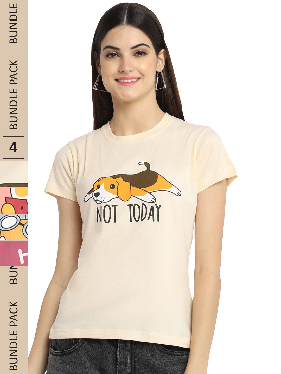 

Fabflee Pack Of 4 Printed Cotton T-shirt, Off white