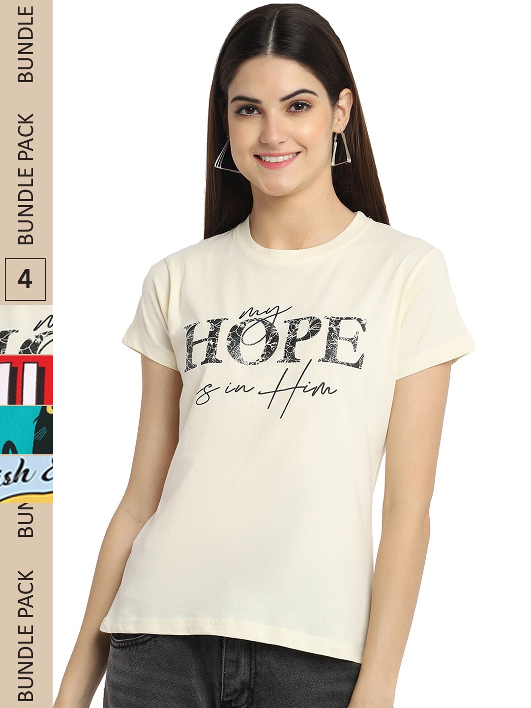 

Fabflee Pack Of 4 Typography Printed Cotton T-shirt, Cream