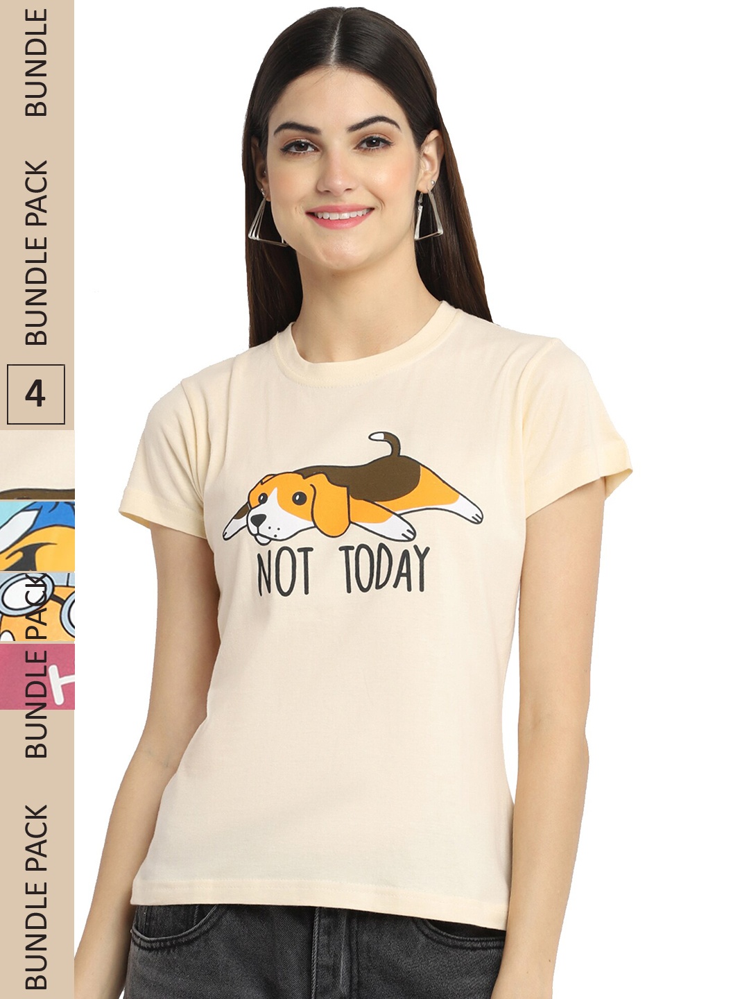

Fabflee Pack Of 4 Humour And Comic Printed Cotton T-shirt, Cream
