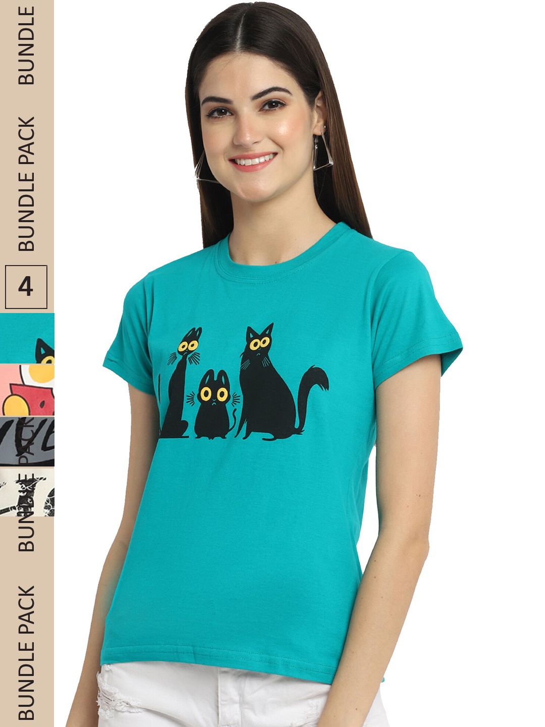 

Fabflee Pack Of 4 Printed Cotton T-shirt, Turquoise blue