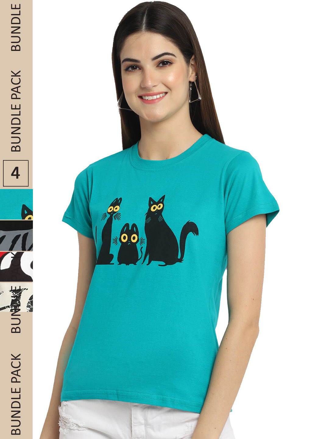 

Fabflee Pack of 4 Typography Printed Round Neck Cotton T-shirt, Blue