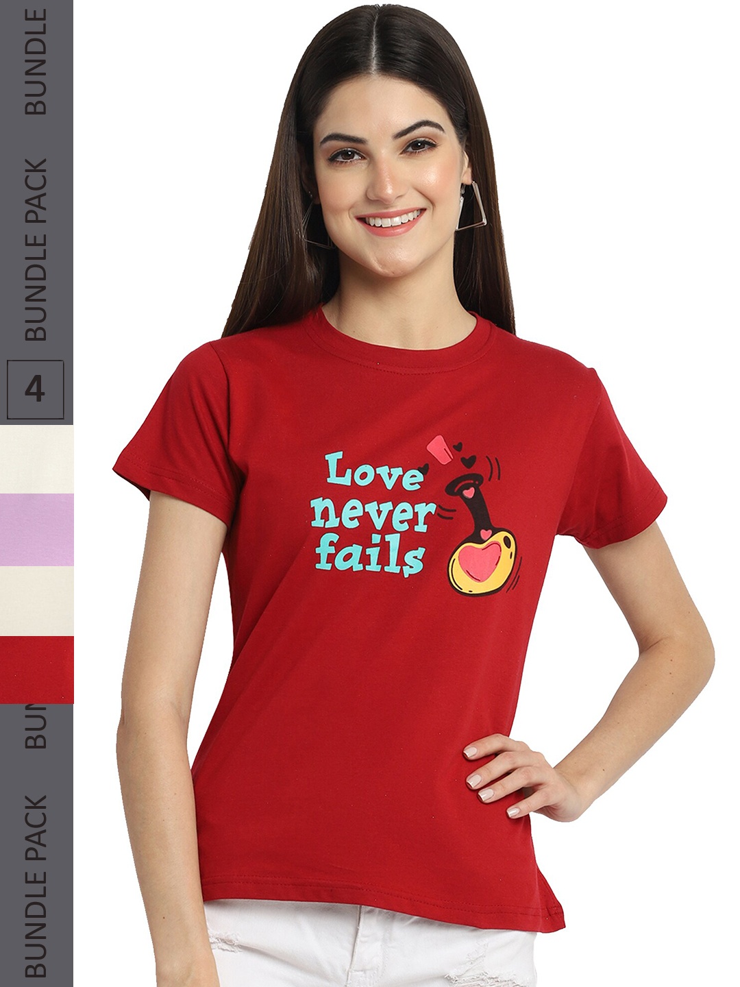 

Fabflee Pack Of 4 Typography Printed Cotton T-Shirts, Red