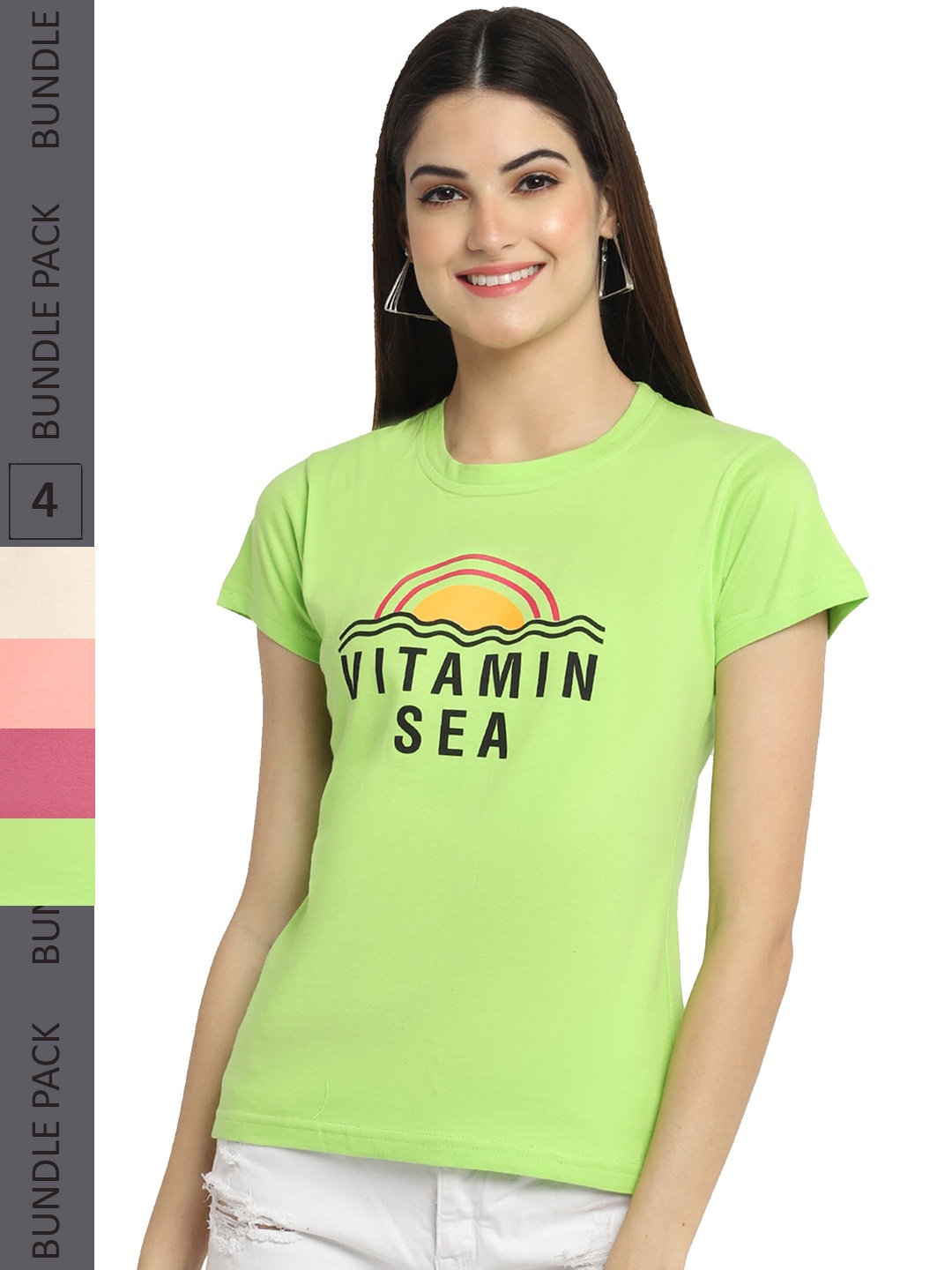 

Fabflee Pack of 4 Graphic Printed Round Neck Cotton T-shirt, Green