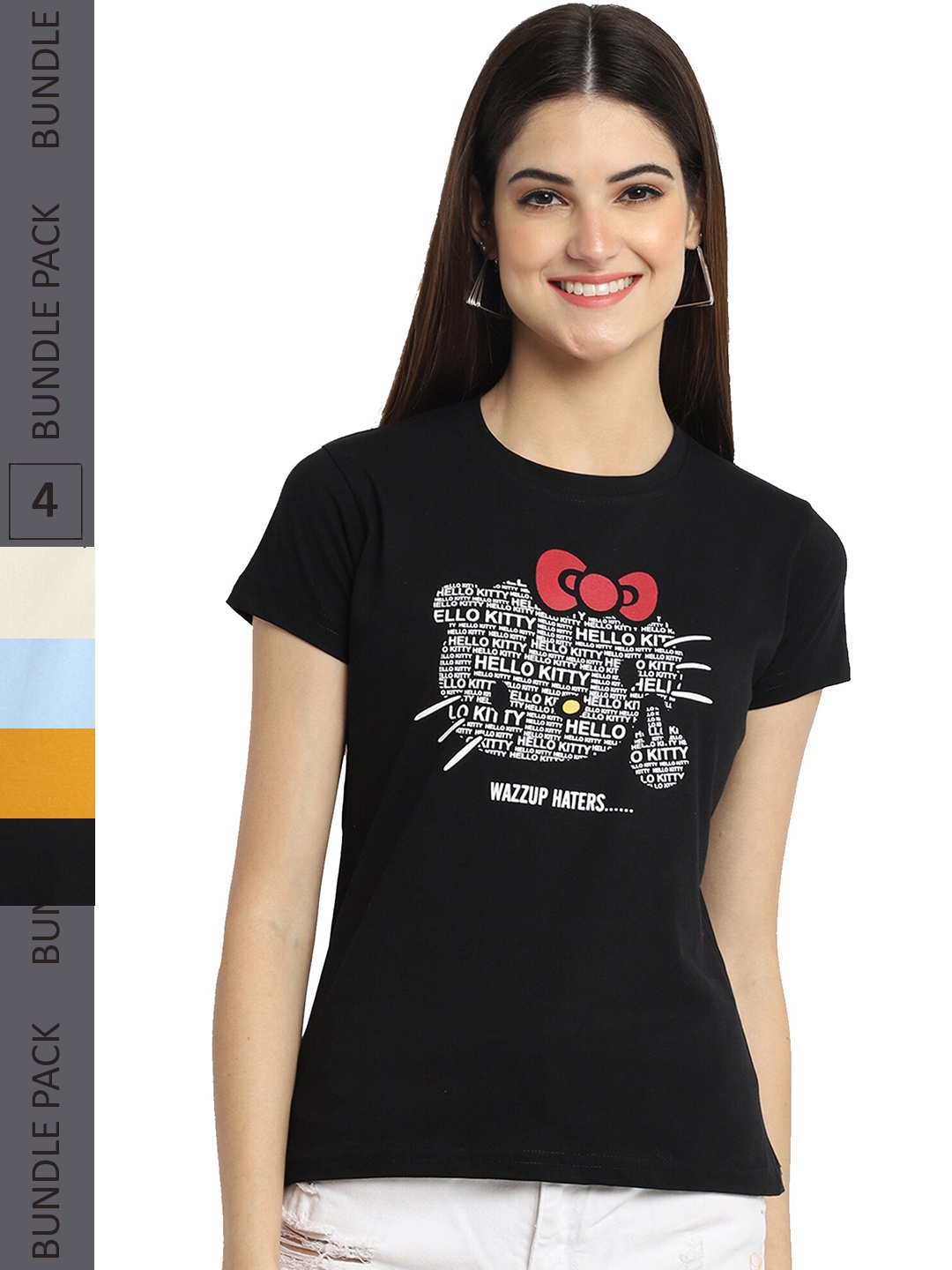 

Fabflee Pack Of 4 Printed Cotton T-shirt, Black