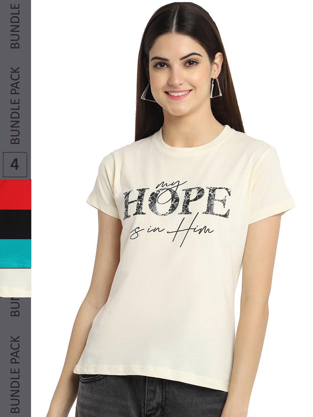

Fabflee Pack of 4 Typography Printed Round Neck Cotton T-shirt, Turquoise blue