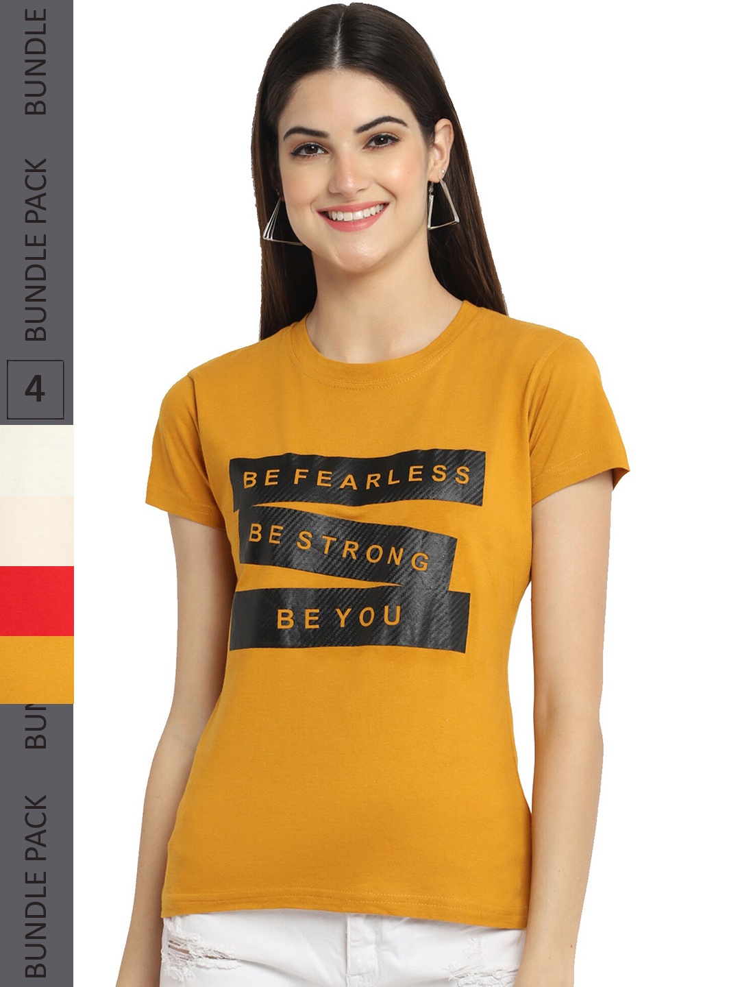 

Fabflee Pack Of 4 Printed Cotton T-shirt, Mustard