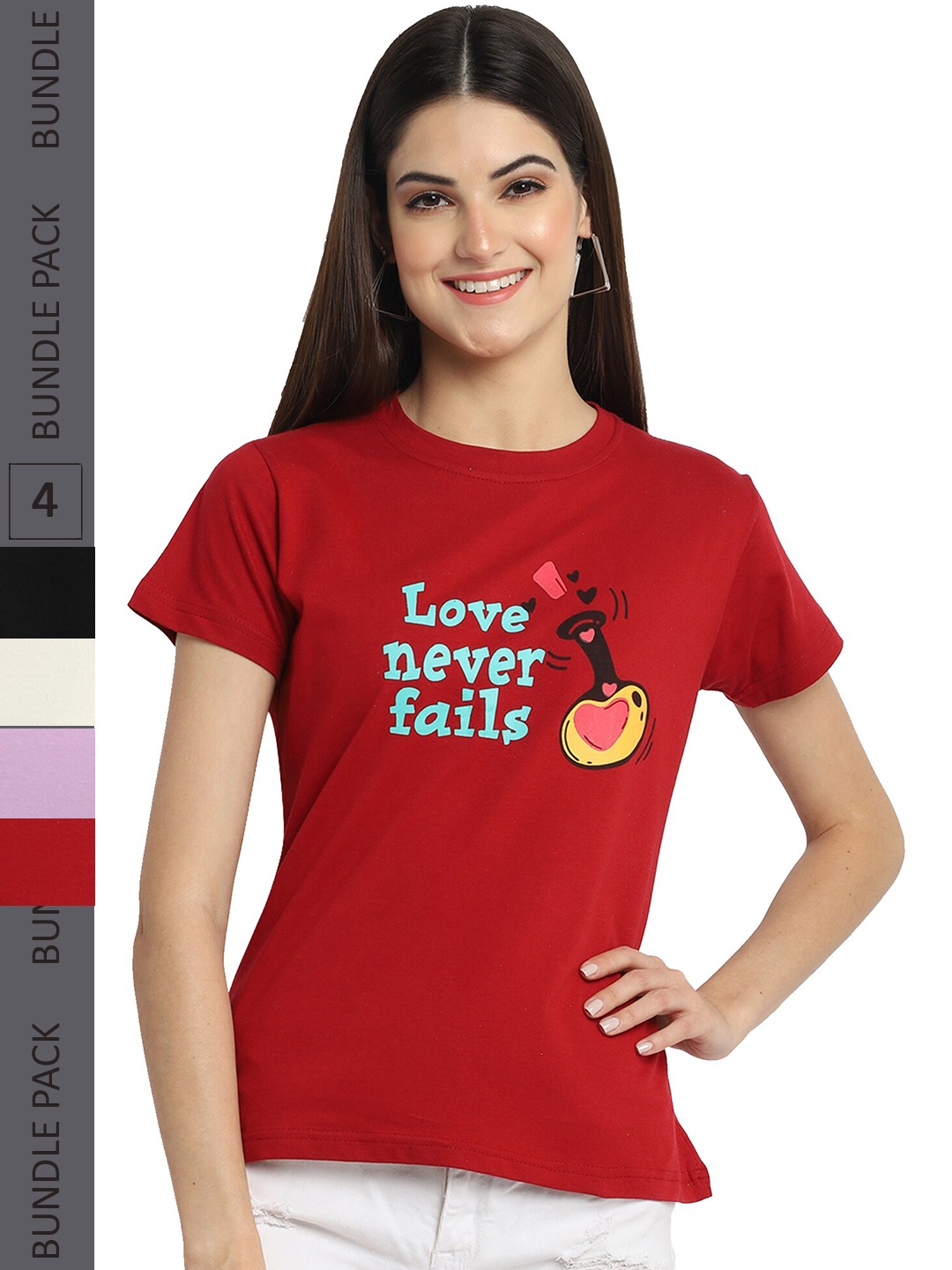 

Fabflee Pack of 4 Typography Printed Round Neck Cotton T-shirt, Maroon