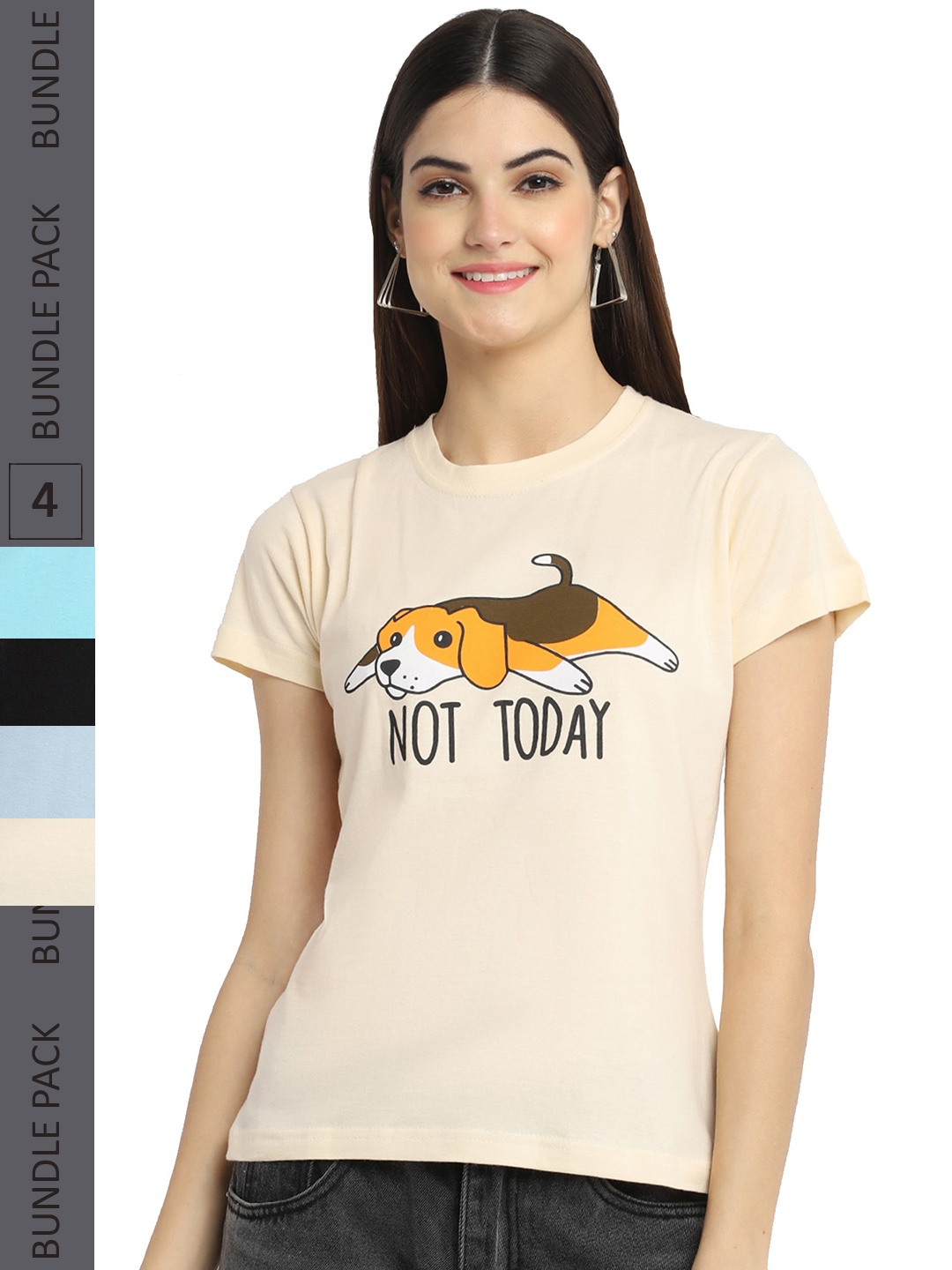 

Fabflee Pack Of 4 Printed Cotton T-shirts, Cream