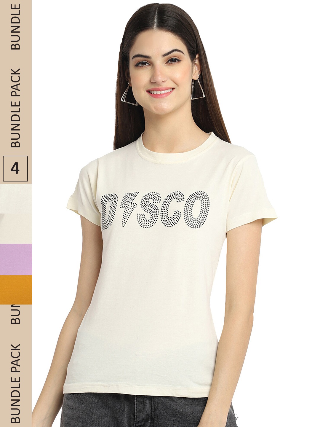 

Fabflee Pack Of 4 Printed Cotton T-shirts, Off white