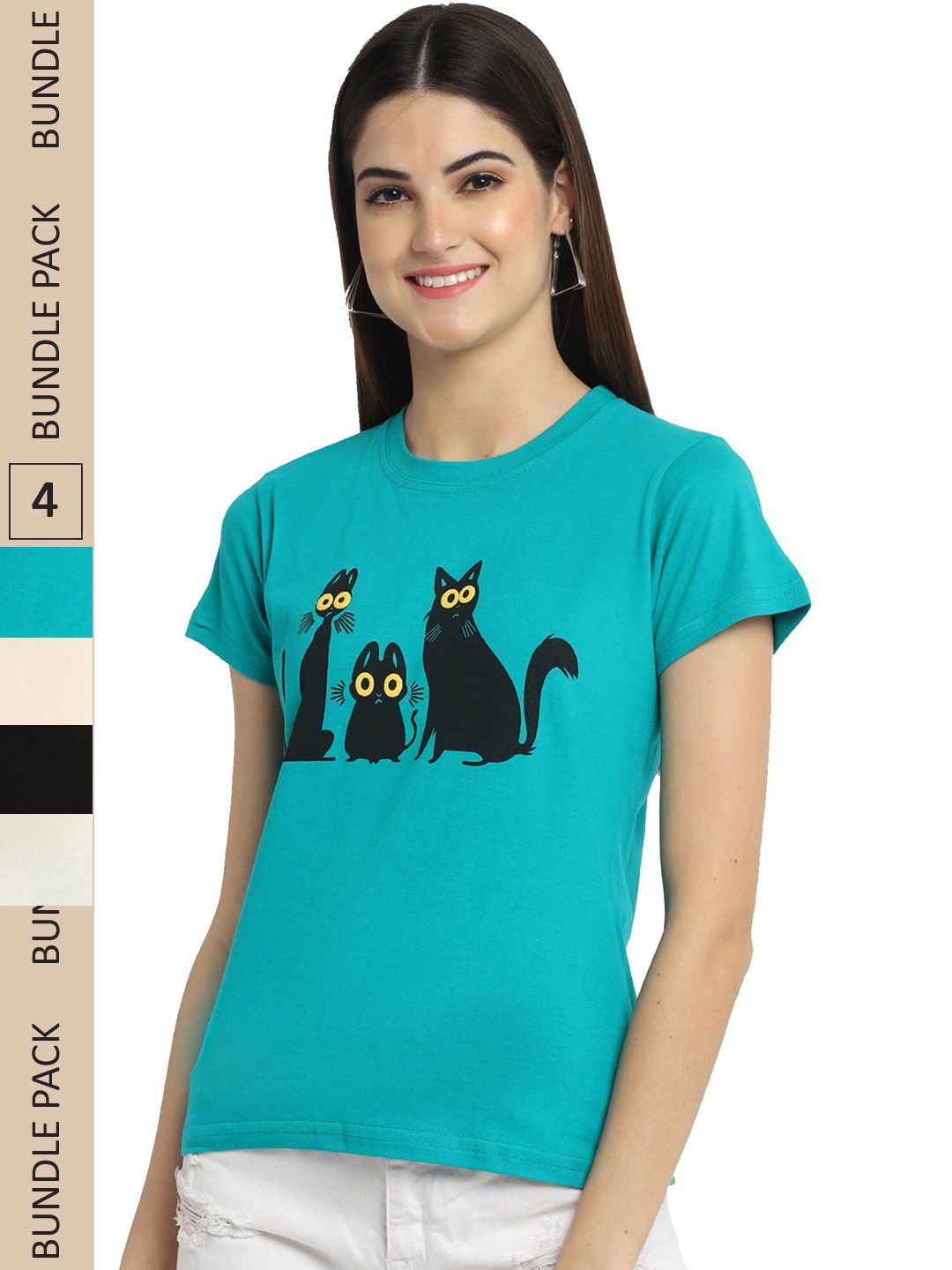 

Fabflee Pack Of 4 Typography Printed Cotton T-shirt, Teal