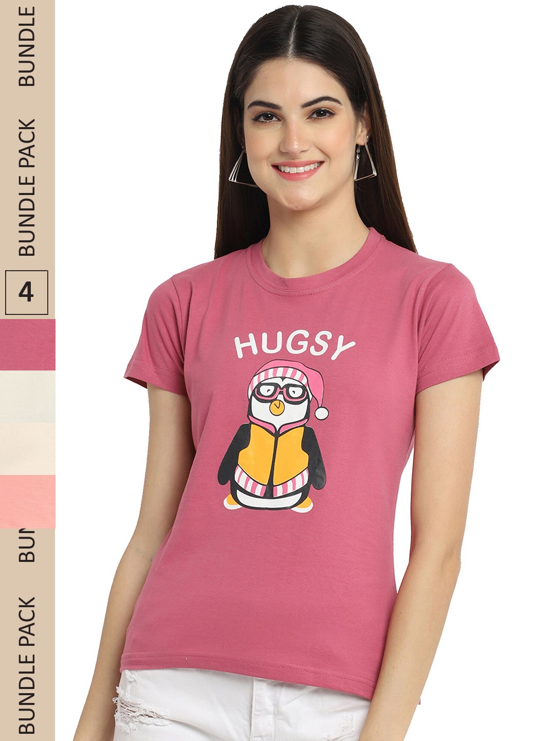 

Fabflee Pack Of 4 Printed Cotton T-Shirts, Pink
