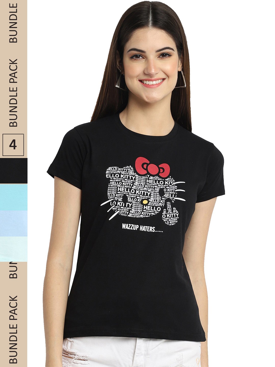 

Fabflee Pack of 4 Graphic Printed Round Neck Cotton T-shirt, Black