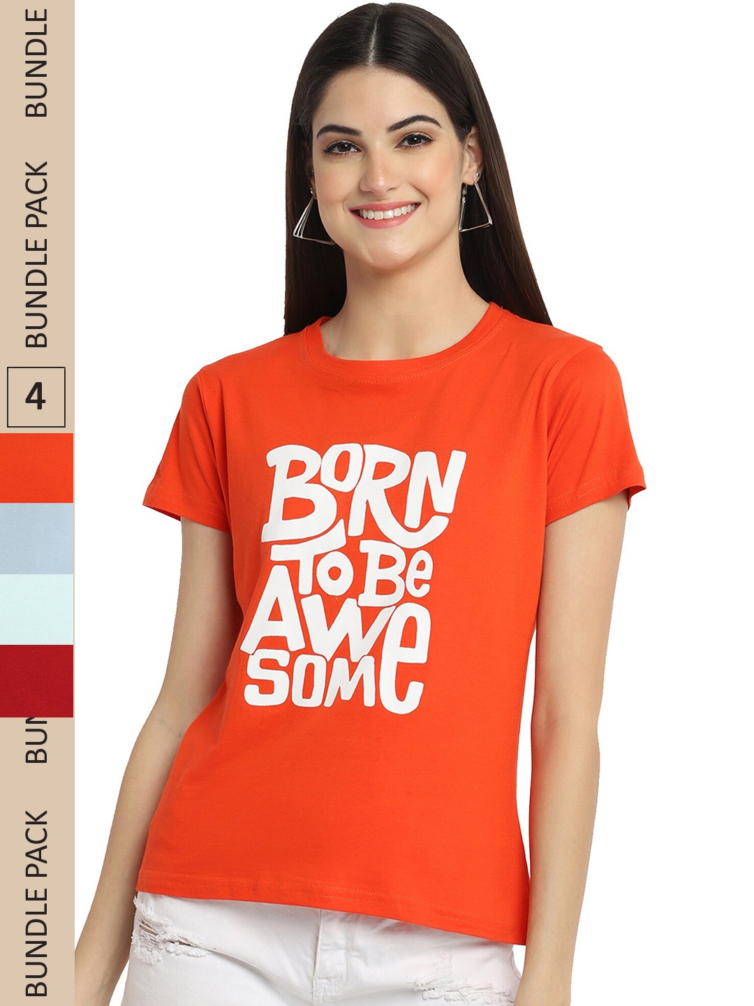 

Fabflee Pack of 4 Graphic Printed Round Neck Cotton T-shirt, Orange