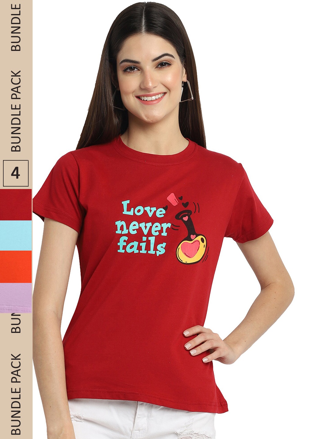 

Fabflee Pack Of 4 Typography Printed Cotton T-shirt, Red