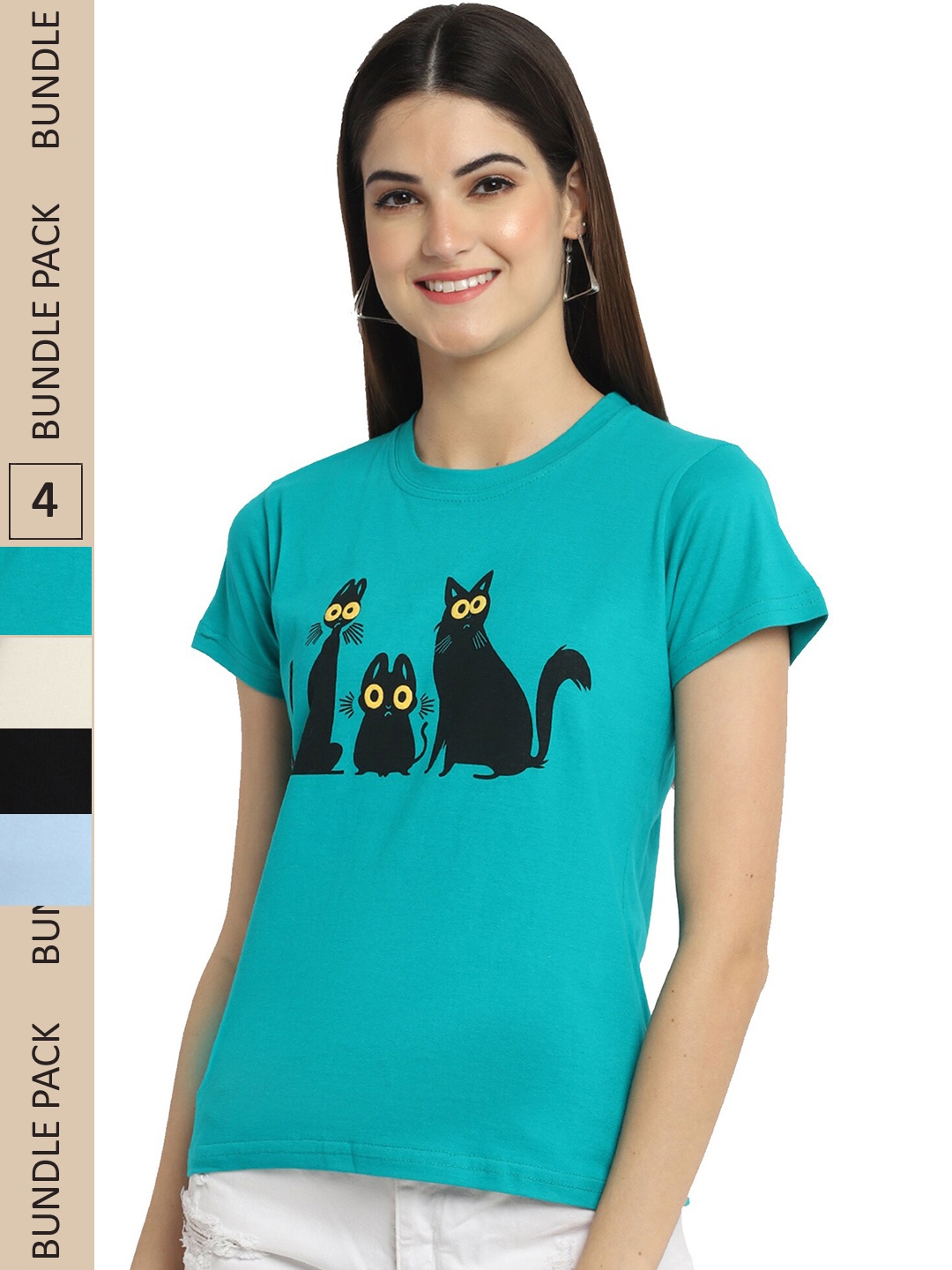 

Fabflee Pack of 4 Graphic Printed Round Neck Cotton T-shirt, Turquoise blue