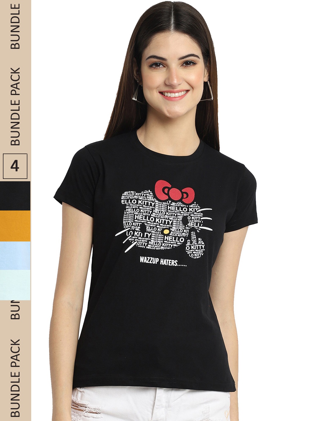 

Fabflee Pack Of 4 Printed Cotton T-shirts, Black
