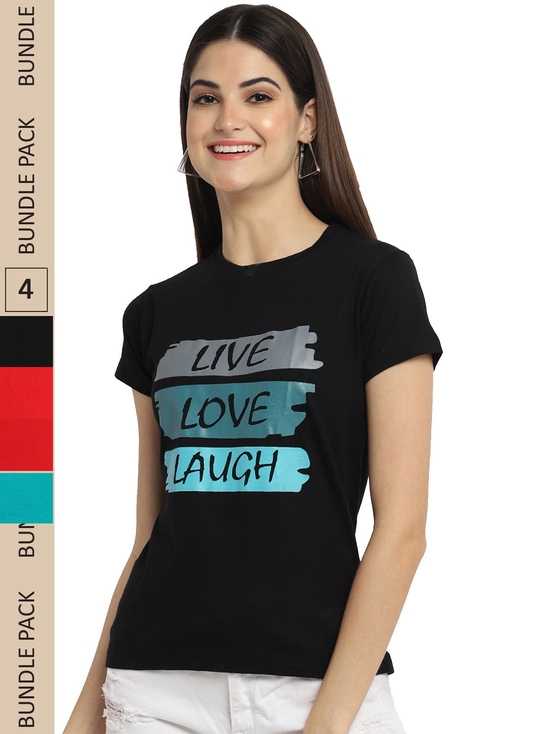

Fabflee Pack Of 4 Printed Cotton T-shirts, Black