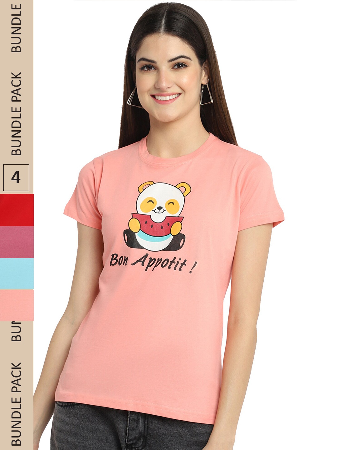 

Fabflee Pack Of 4 Printed Cotton T-Shirts, Peach
